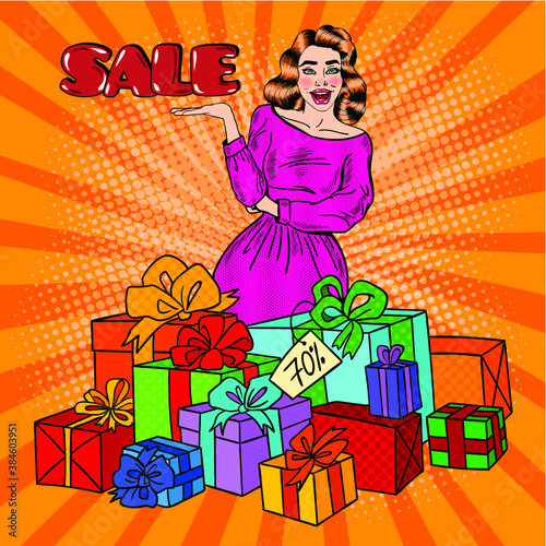 Woman and holiday gift pop art vector
