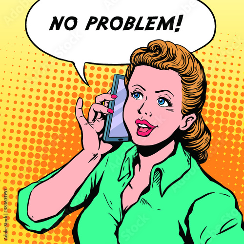 Woman answering the phone pop art illustration vector