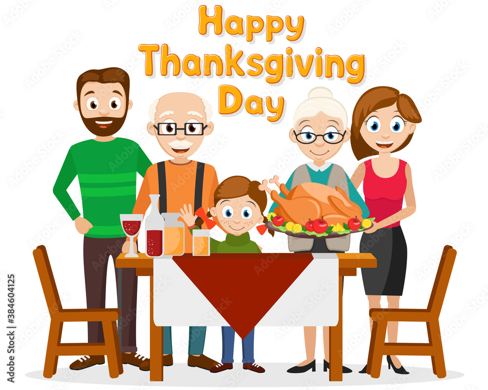 Family with roasted turkey near the table. Thanksgiving Day Family with roasted turkey near the table. Thanksgiving Day