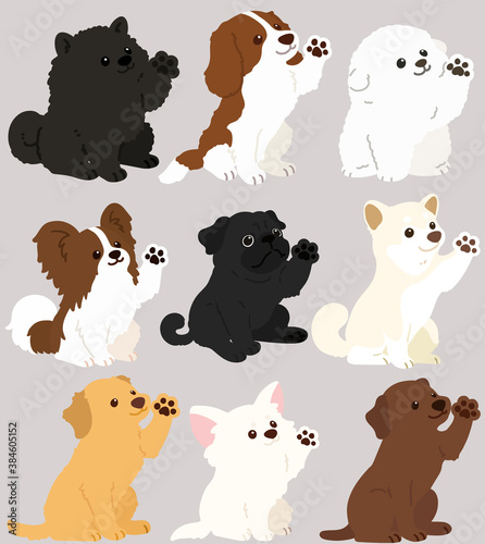 Canvas Print Set of flat colored adorable dogs sitting and waving hand
