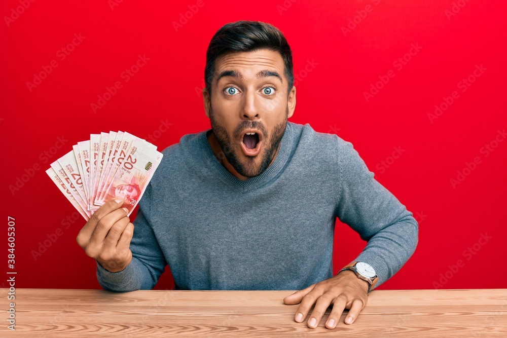 Handsome hispanic man holding israel shekels scared and amazed with open mouth for surprise, disbelief face Handsome hispanic man holding israel shekels scared and amazed with open mouth for surprise, disbelief face