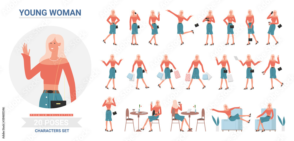 Woman poses vector illustration set. Cartoon female freelancer character with different gestures collection, beautiful woman posing, working with laptop, shopping posture with bags isolated on white Woman poses vector illustration set. Cartoon female freelancer character with different gestures collection, beautiful woman posing, working with laptop, shopping posture with bags isolated on white