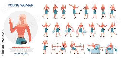 Woman poses vector illustration set. Cartoon female freelancer character with different gestures collection, beautiful woman posing, working with laptop, shopping posture with bags isolated on white