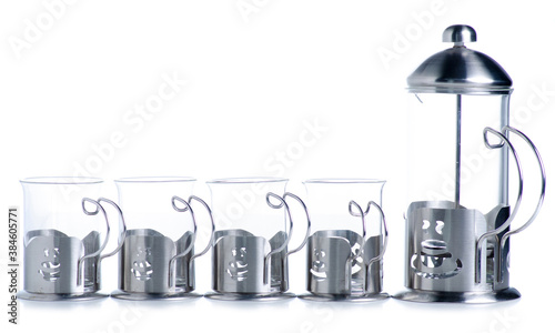 Glass Tea Coffee Set with metal cup holders on white bakground isolation