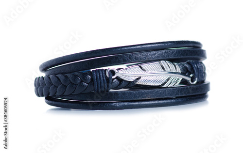 Black leather bracelet on white background isolation