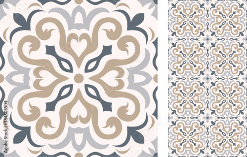 Seamless Azulejo tile. Portuguese and Spain decor. Ceramic tile. Vector hand drawn illustration, typical portuguese and spanish tile