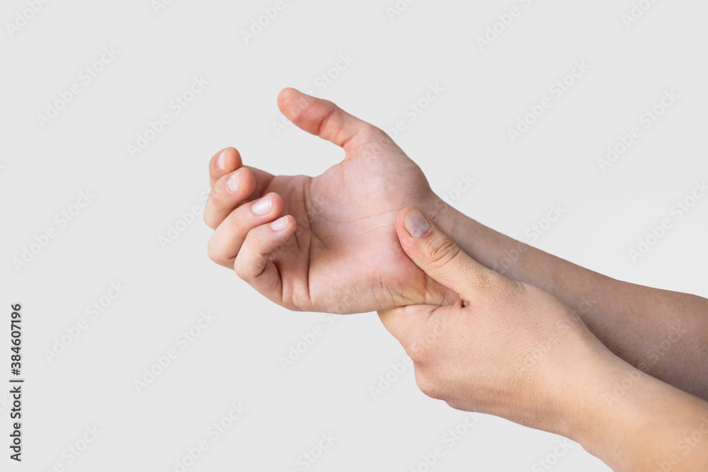 man's wrist hurts. A damaged female hand hurts. Hands suffer from work