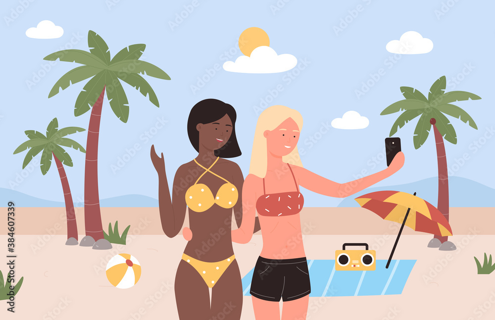Beach people selfie vector illustration. Cartoon happy young woman character in swimsuit using phone for selfie with girl friend, standing on tropical beachside, summer travel vacation background