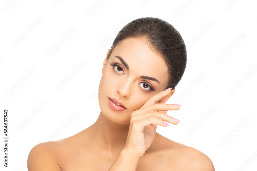 Face of a beautiful brunette girl. Portrait of young and attractive woman isolated on white. Face of a beautiful brunette girl. Portrait of young and attractive woman isolated on white.