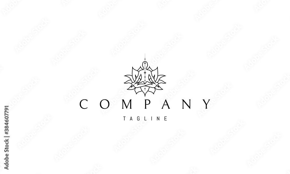 Vector logo in which an abstract image of a lotus flower with a meditating person in a linear style. Vector logo in which an abstract image of a lotus flower with a meditating person in a linear style.