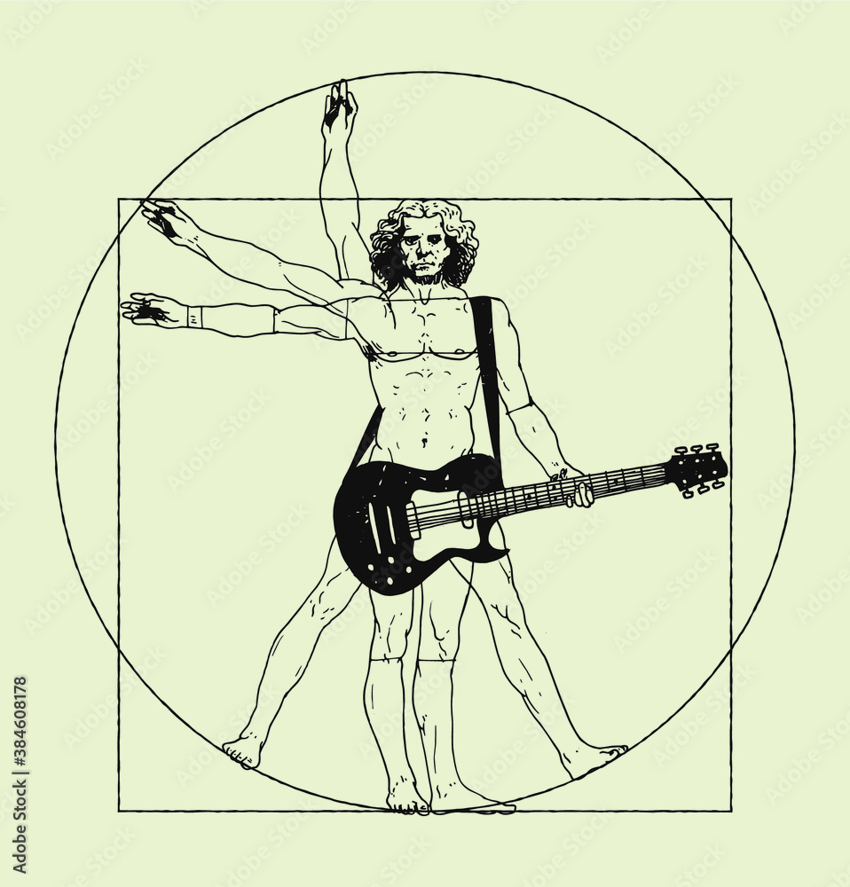 Da Vinci man playing rock guitar. Vitruvian man rock music t-shirt print.  Stock Vector | Adobe Stock