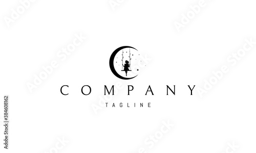 Vector logo on which an abstract image of a girl riding a swing suspended on the moon.