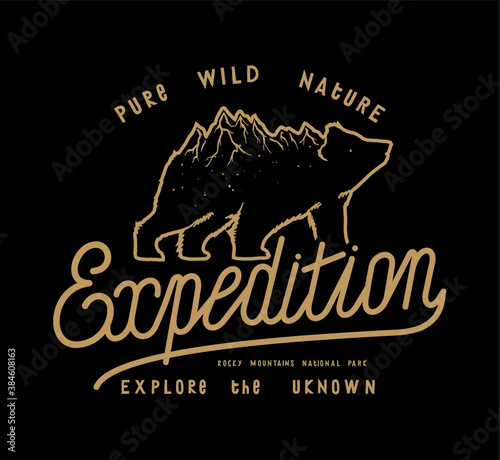 Bear with a mountain range on its back expedition typography t-shirt print. explore the wild. American national park wild nature hiking t-shirt print with a grizzly bear vector illustration.