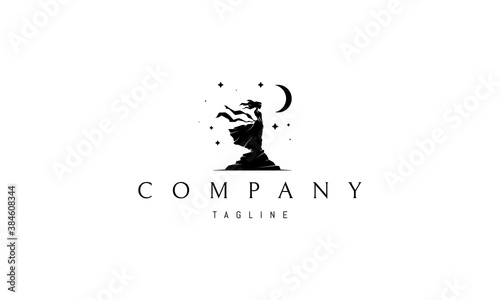 Vector logo on which an abstract image of a woman against the background of the stars and the moon.