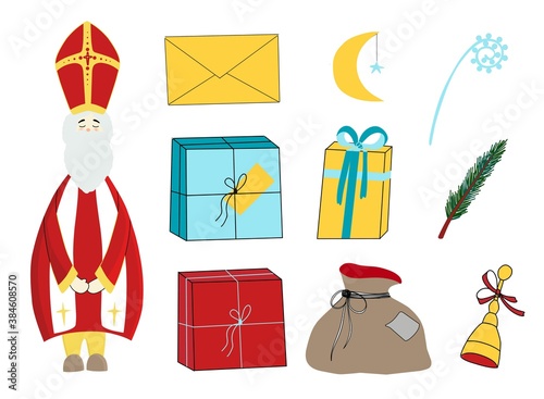 Saint Nicholas, character isolated on white background. Happy saint nicholas day. Elements for the holiday. Stickers, clipart.