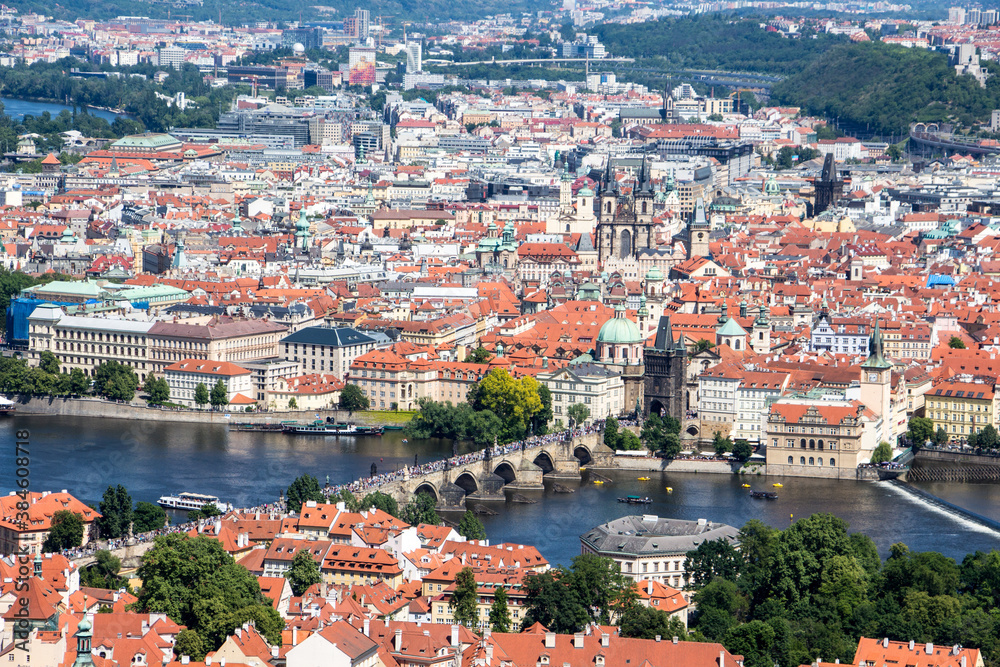 Prague panorama charles bridge river from mountain skyview