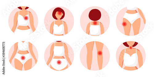 Pain in the human body. First aid for trauma, bruise or fracture. Human body physical injury. Flat lay style. Vector illustration