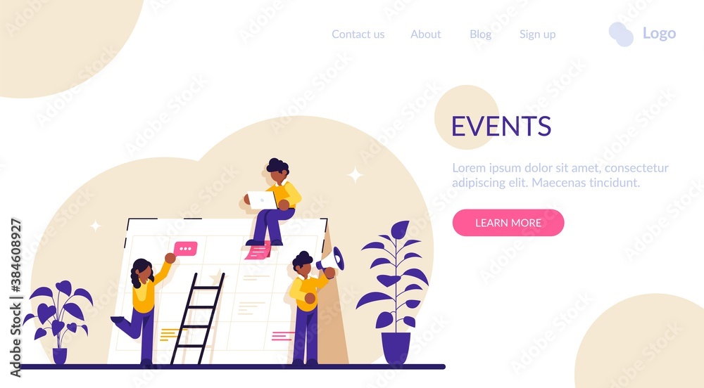 Events website concept. Corporate events. Event calendar. Notification, website menu bar, UI element, business meeting, commercial exhibition. Modern flat illustration.