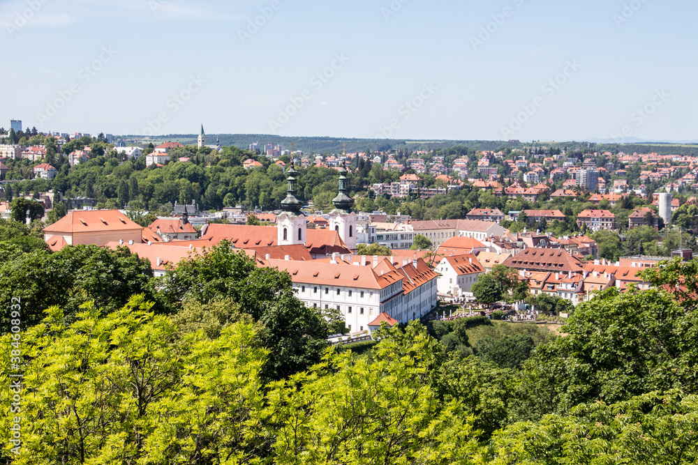 Prague old town sky view church old houses panoramic view