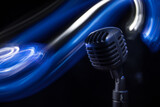 Microphone for sound, music, karaoke in audio studio or stage. Mic technology. Voice, concert entertainment background. Speech broadcast equipment. Live pop, rock musical performance