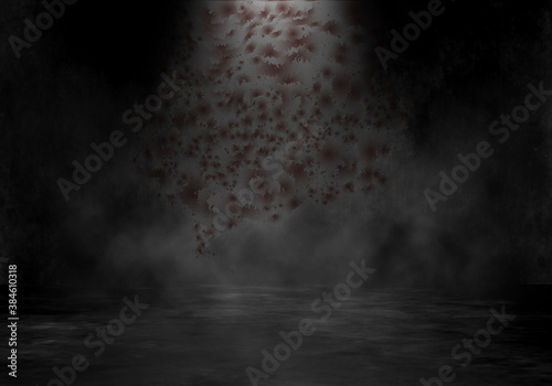 Black metal background or texture, 3d grunge room interior with the spotlight and smoky atmosphere background.