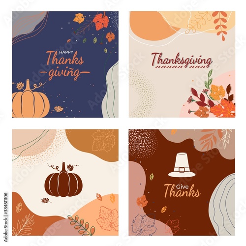 Thanksgiving abstract autumn, fall leaves background with pumpkin, pilgrim hat. For greeting card, invitation, poster, cover, banner, placard, brochure Vector illustration in pastel colors.