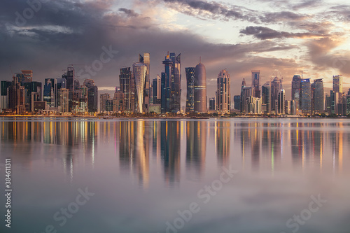 The skyline of Doha  Qatar during sunset