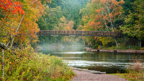 Fototapeta Naklejka Na Ścianę i Meble -  Suspension bridge over Black river in Michigan upper peninsula surrounded by fall foliage