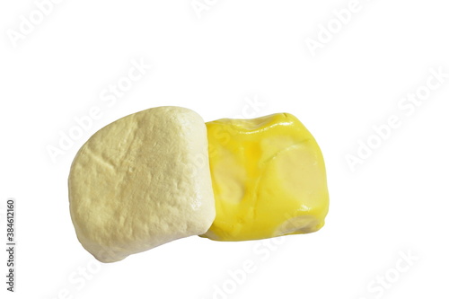 white and yellow tofu food ingredient arranging on white background 