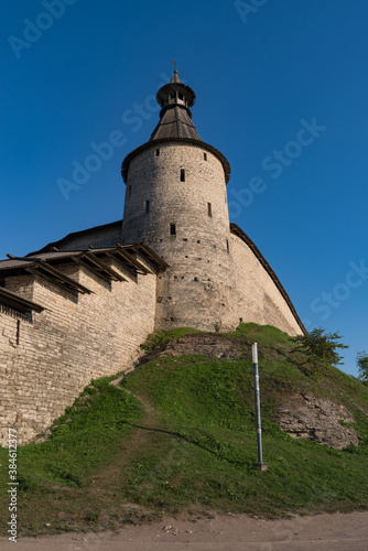 Wall and Kutecroma tower in Pskov Krom (Kremlin), Russia