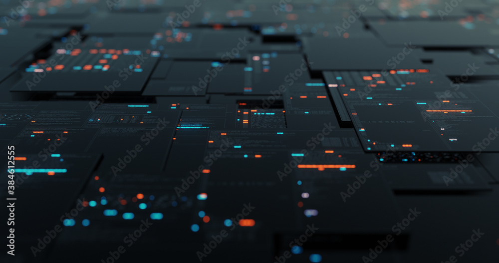 HUD data User Interface. Programming source code abstract background. cyber technology futuristic data on a screen. Code, Numbers, Binary, Names. 3D render