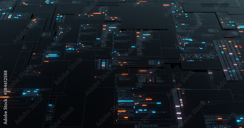 Abstract digital abstract matrix. Screen grid in cyber space environment. Scrolling programming code, security hacking, data flow stream displays. 3D render