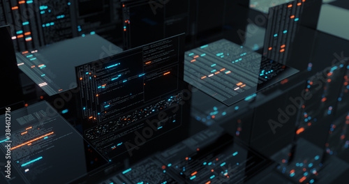 Futuristic hi-tech user interface multi display with digital code and data infograph, telemetry information motion graphic. 3D render