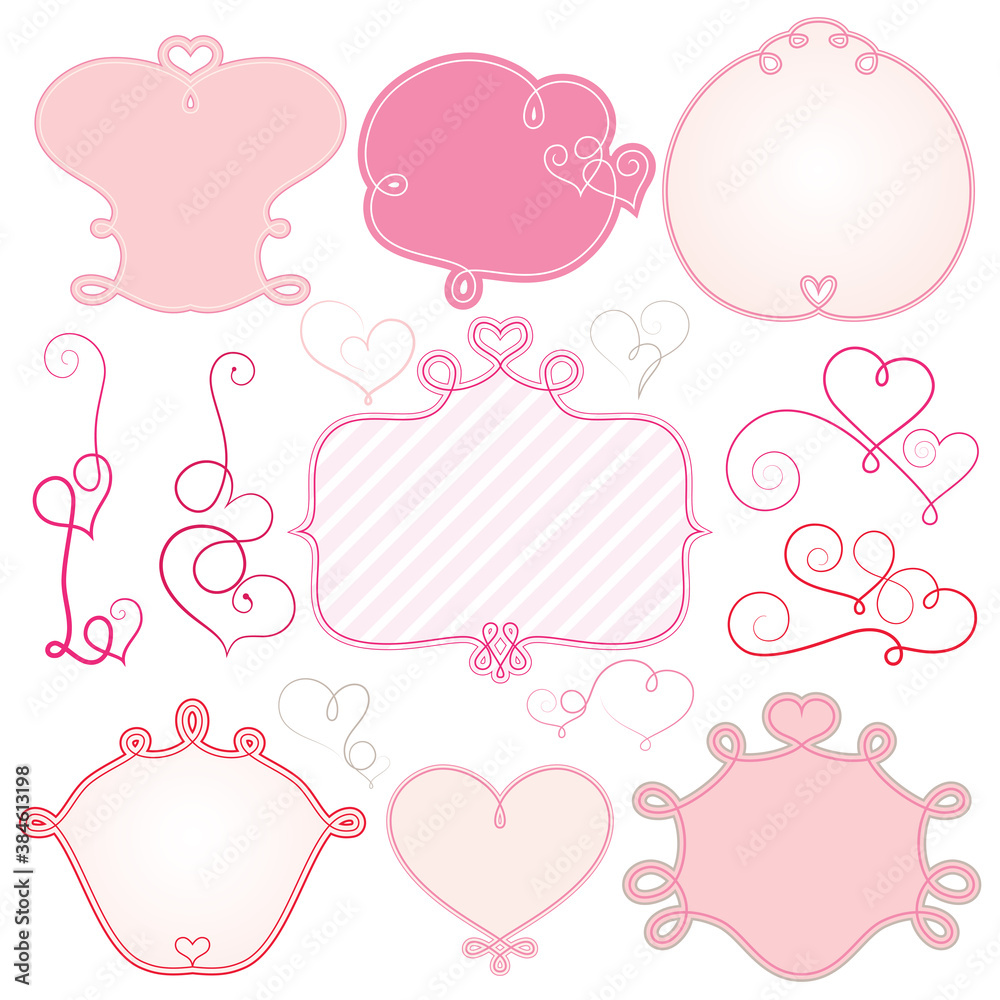 Valentine labels and banners; hearts set; pink frames for valentines day decoration