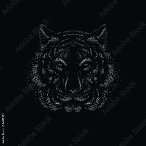 The Vector logo tiger for tattoo or T-shirt design or outwear.  Hunting style big cat print on black background. This hand drawing is for black fabric or canvas.
