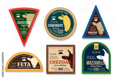 Vector cheese labels and packaging design templates. Cow, sheep, and goat icons