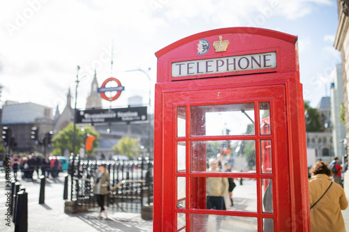 British Telephone Booth with an Underground Entrance in the Background