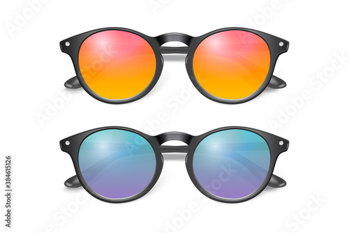 Vector 3d Realistic Plastic Round Black Rimmed Eye Sunglasses Set Closeup Isolated on White Background. Women, Men, Unisex Accessory. Optics, Health Concept. Design Template, Mockup. Top View