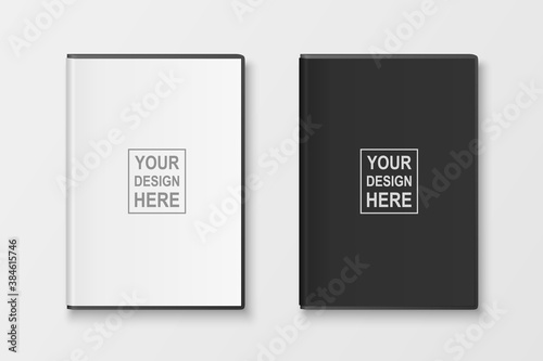 Vector 3d Realistic Blank White and Black CD, DVD Plastc or Paper Cover Case Box Set Closeup Isolated on White Background. Design Template. CD Packaging Copy Space. Top View