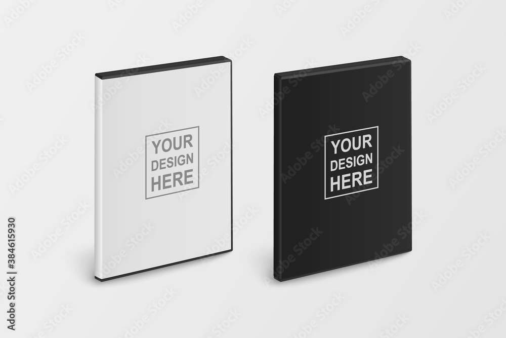 Vector 3d Realistic Blank White and Black CD, DVD Plastc or Paper Cover Case Box Set Closeup Isolated on White Background. Design Template. CD Packaging Copy Space. Half-turn View