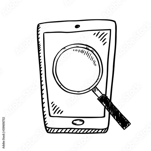 Cartoon style black and white doodle of mobile phone with magnifying glass on screen. Black and white vector illustration.