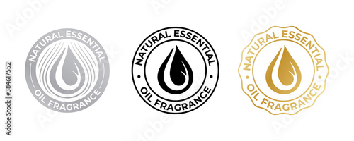 Oil drop icon for natural essential fragrance, vector cosmetic and beauty skincare quality sticker. Essential oil enriched and contains natural fragrance sign tag with oil droplet