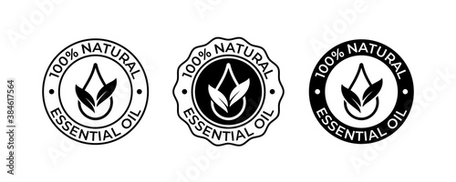 Oil drop, essential natural leaf vector icon, beauty and skincare natural product tag. Contains 100 percent essential oils, body lotion, cream and shampoo moisturizer, spa wellness oil fragrance