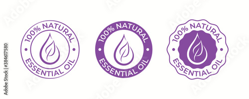 Essential oil drop and leaf icon for beauty and skincare natural product certificate tag. 100 percent essential oils sticker logo for body lotion, cream and shampoo moisturizer, spa wellness fragrance