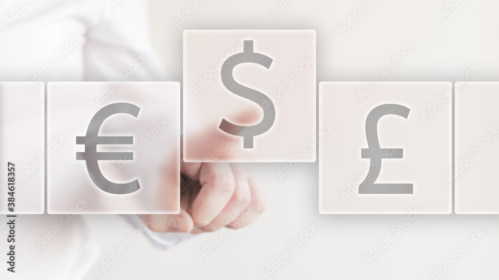 Businessman selecting a USA dollar currency instead of eur and British pound Businessman selecting a USA dollar currency instead of eur and British pound