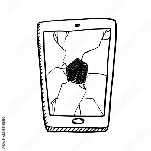 Cartoon style black and white doodle of mobile phone with broken screen. Black and white vector illustration.