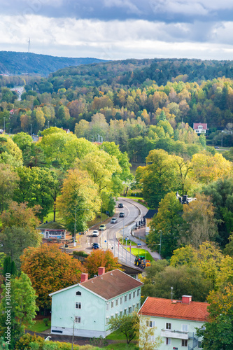 Street with color ful trees during swedish autumn. It is the beginning of autumn. Kungälv , Sweden © joisbalu