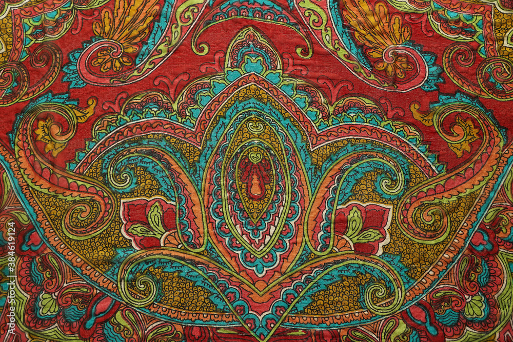 Bright Indian pattern on a silk scarf.