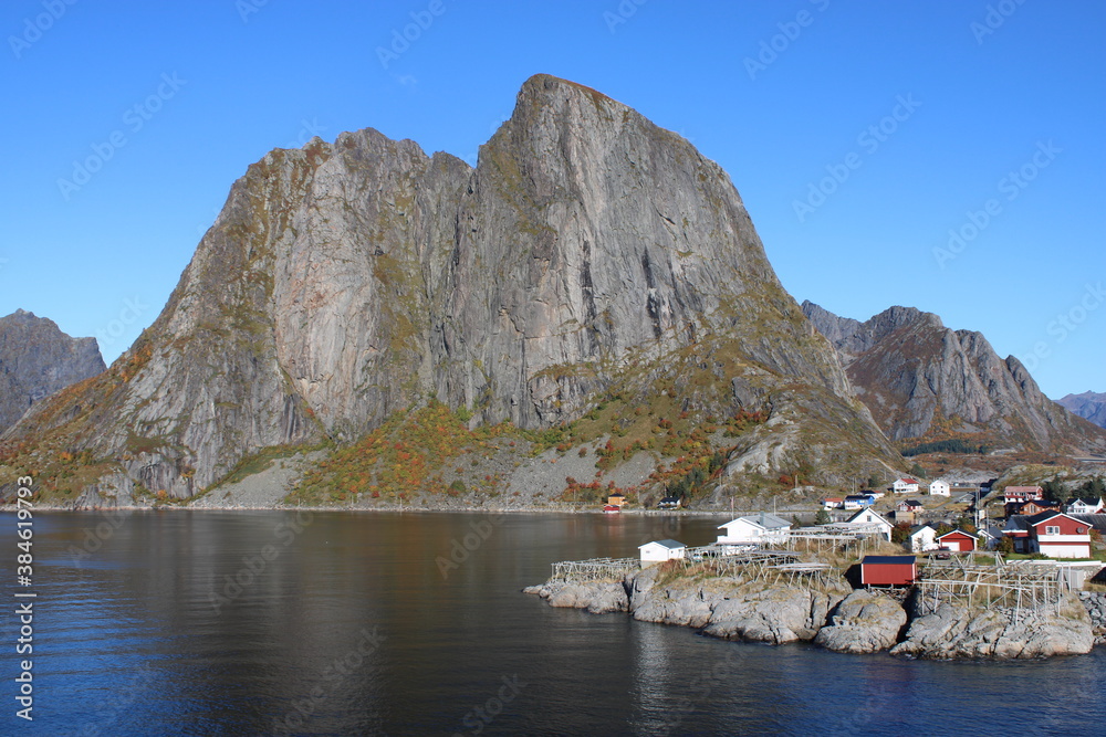 The village of Reine on Lofoten islands in Northern Norway on a clear day in autumn