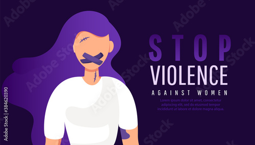Stop violence against women. Sad lonely girl with mouth in adhesive tape restrained